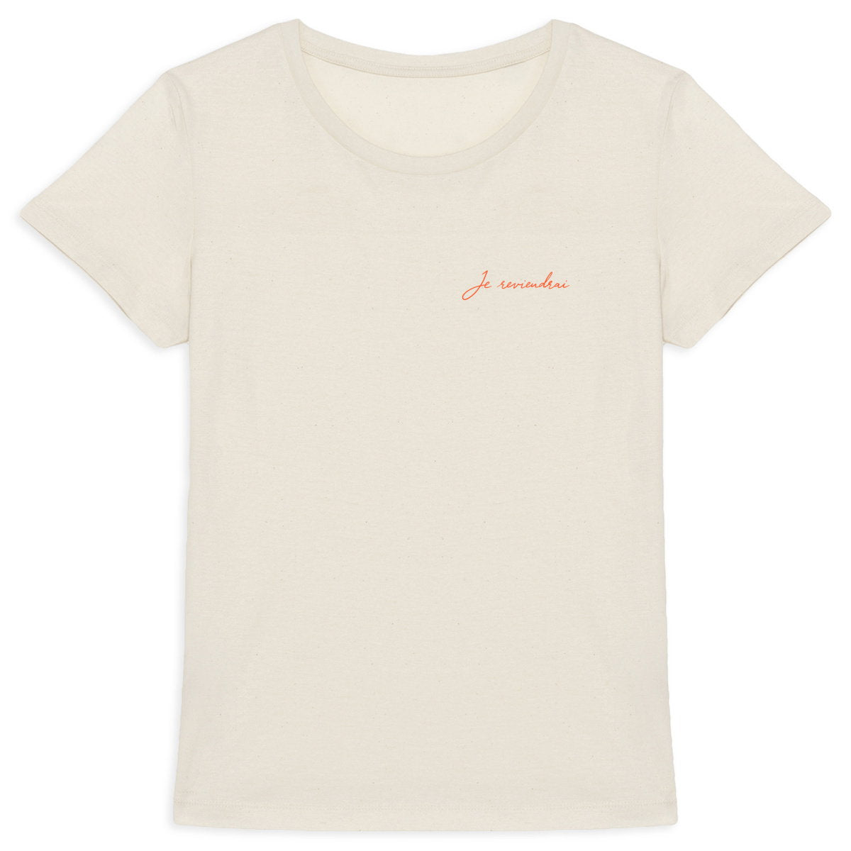 Cream organic cotton t-shirt with "Je reviendrai" hand-lettered in coral script on the chest — muzee L'Ame Sirène collection